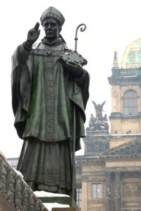 Part of Wenceslas Monument on the Wenceslas Square in Prague. National Museum in the background.